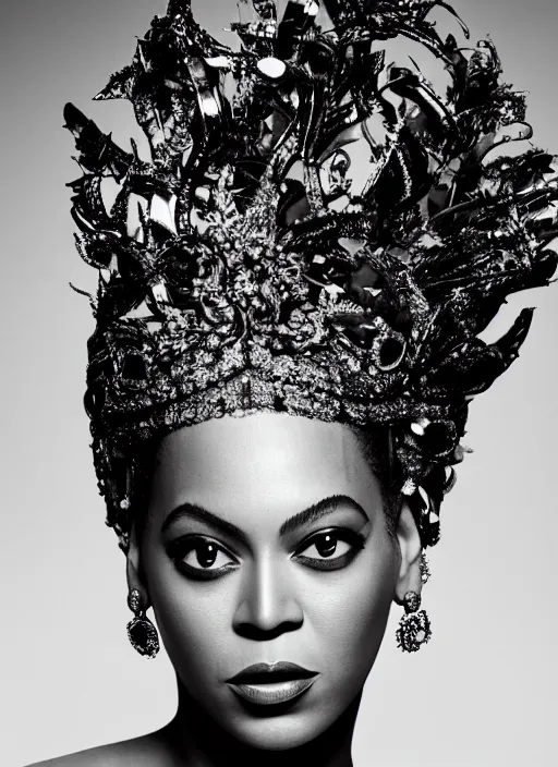 Prompt: photograph of beyonce styled by nick knight posing, intricate headpiece, showstudio, face close up, vogue magazine, 2 0 2 0, canon, highly realistic. high resolution. highly detailed. dramatic. 8 k. 4 k. zeiss lens, canon eos, cinematic lighting, photography, film still