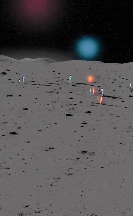 Prompt: high quality digital art of people lighting crackers on the moon, moon craters are visible, high quality cinematic lights, 8K octane render, art station