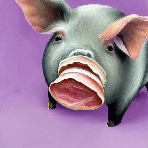 Image similar to a pig eating a rasher of bacon. detailed, realistic, digital painting,