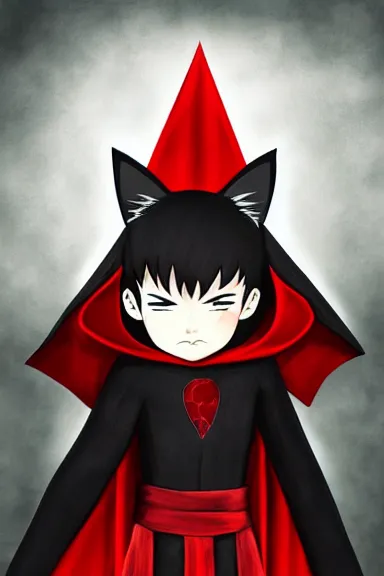 Image similar to little boy with cat ears in an black outfit with red cape. digital artwork made by lois van baarle and kentaro miura, sharpness focus, inspired by hirohiko araki and noir film, anatomically correct, heroic composition, hero pose, smooth