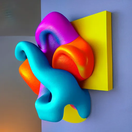 Image similar to : colorful abstract melty sculpture art on the wall in modern architecture studio, cinematic lighting, hyper - realistic, detailed, render by c 4 d octane, unreal engine, 8 k 3 d render