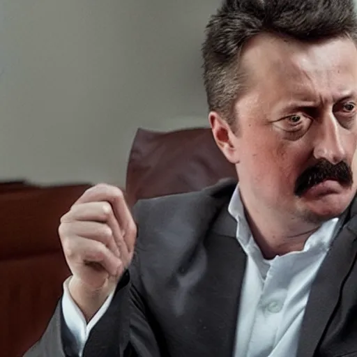 Image similar to Igor Ghirkin Strelkov as The American Psycho, sweating hard, staring schizophrenically, cinematic still