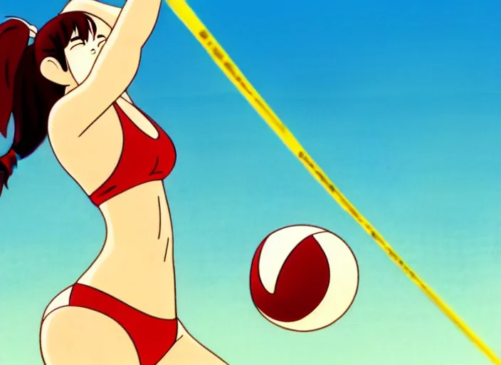 Image similar to an animation still of beautiful bikini volleyball player, in the style of studio ghibli, netflix animation, toei animation, filmation animation, traditional animation, sharp detail, animation cel