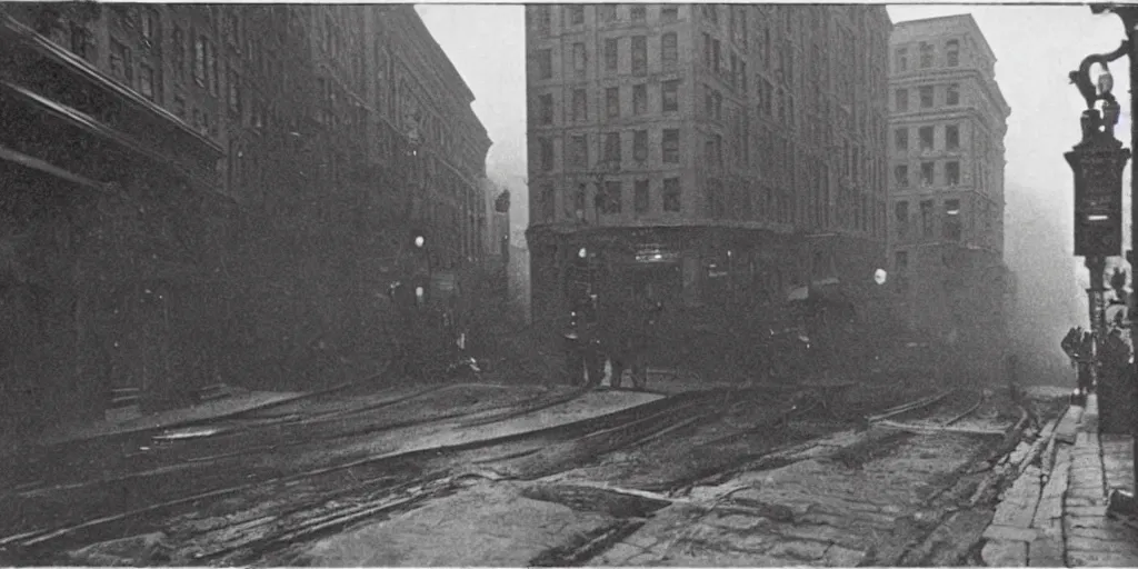 Image similar to a photo of 1 9 2 0 s downtown boston, dark, brooding, atmospheric, lovecraft