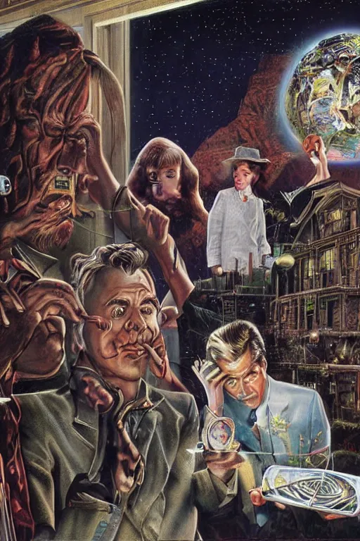 Image similar to an airbrush painting of an elaborate hidden object scene of the tv show the twilight zone ( 1 9 6 0 ) by destiny womack, gregoire boonzaier, harrison fisher, richard dadd