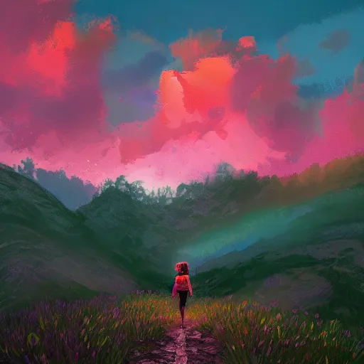 Image similar to giant daisy flower head, girl hiking in the mountains, surreal photography, sunrise, dramatic light, impressionist painting, colorful clouds, digital painting, artstation, simon stalenhag