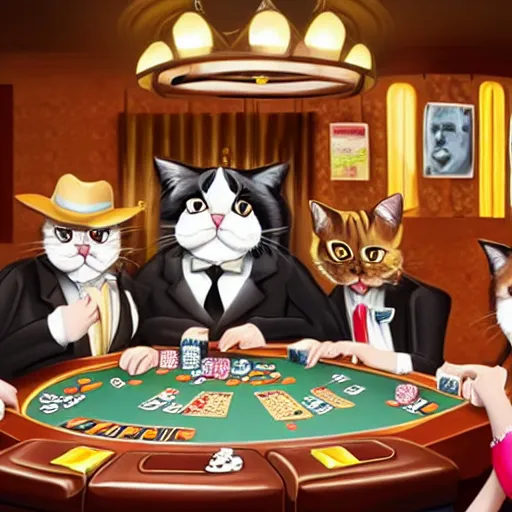 Prompt: cat mafia playing poker in a casino, dringing whiskey and smoking cigars