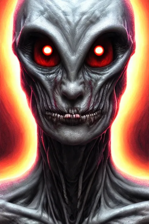 Image similar to Portrait of a Scary Alien, wide angle, super highly detailed, professional digital painting, artstation, concept art, smooth, sharp focus, no blur, no dof, extreme illustration, Unreal Engine 5, Photorealism, HD quality, 8k resolution, cinema 4d, 3D, beautiful, cinematic, art by artgerm and greg rutkowski and alphonse mucha and loish and WLOP