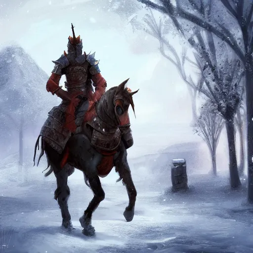 Prompt: A knight on his horse who arrives in a snowy village without any people, fantasy, highly detailed, digital painting, artstation, concept art, illustration, art by Diego Gisbert Llorens