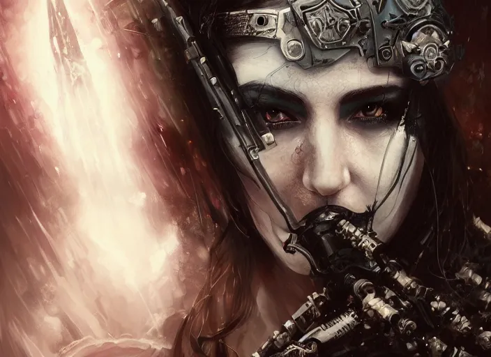Prompt: beautiful pale gothic maiden killing Nicolas Cage, warhammer 40000, cyberpunk, intricate, elegant, highly detailed, digital painting, artstation, concept art, smooth, sharp focus, illustration