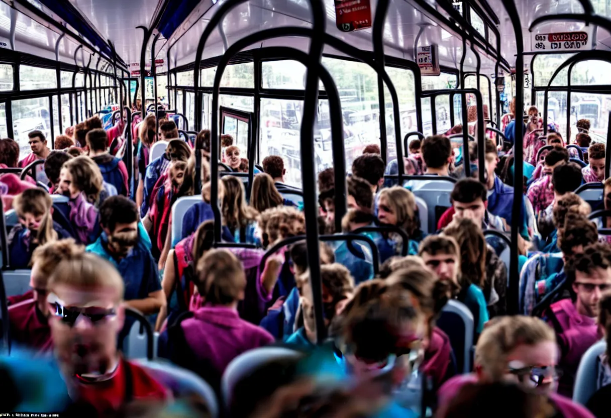 Image similar to a wide photo of a interior of a crowded bus with a huge octopus trying to get in, octopus beak can be seen, arms creeping in thrugh the windows, people are scared and screaming while trying to free through the windows and doors,