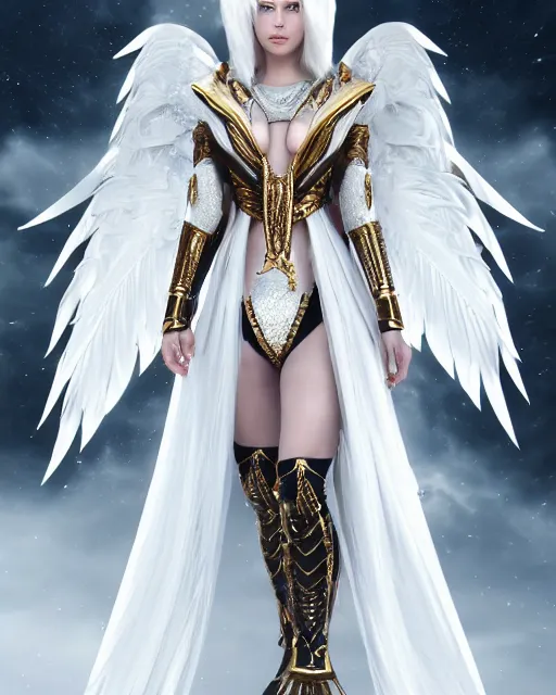 Image similar to perfect white haired egyptian goddess wearing white dove wings, warframe armor, regal, attractive, ornate, sultry, beautiful, charlize theron, half asian, pretty face, blue eyes, illuminated, scifi platform, 4 k, ultra realistic, epic lighting, cinematic, masterpiece, art by akihito tsukushi, voidstar, trending on artstation