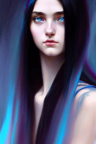 Image similar to portrait of teenage girl with long glossy black hair, blue eyes, glowing skin, fashion model features, fantasy, intricate, elegant, black dress, highly detailed, digital painting, artstation, concept art, smooth, sharp focus, illustration, art by Krenz Cushart and Artem Demura and alphonse mucha