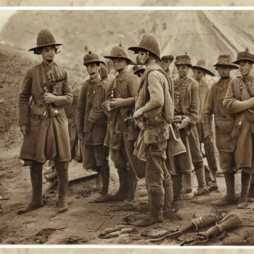 Image similar to a detailed photorealistic sepia - toned photo of a 1 9 1 7 clean - shaven british soldiers standing with bedouin traders, ultra realistic, painted, intricate details, lovecraft, atmospheric, dark, horror, brooding, highly detailed, by clyde caldwell