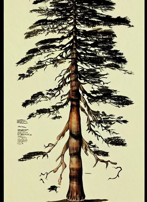Prompt: anatomy of a single massive sequoia sempervirens cypress tree by telemaco signorini, overgrown anatomical illustration from a journal, coarse paper by danish painter jens ferdinand willumsen, by leonardo davinci, simple watercolor and pen illustration