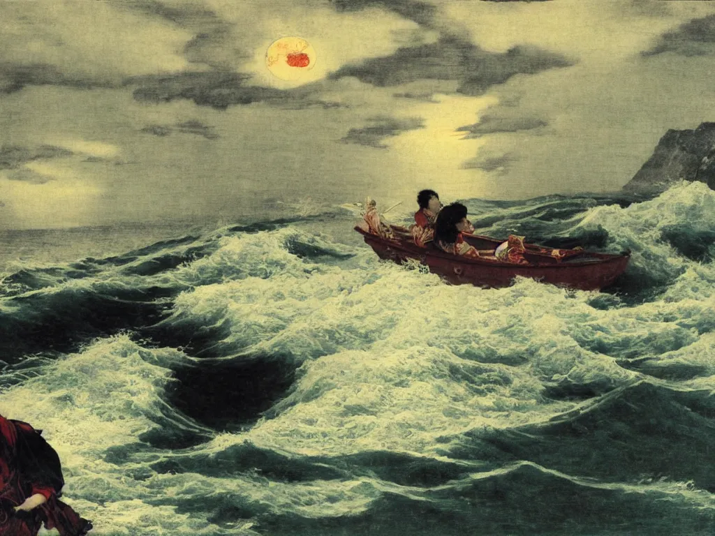 Image similar to a storm that falls on ulysses alone on a boat in the sea, orientalism, ukiyo - e, arnold bocklin, loneliness, trending on artstation,
