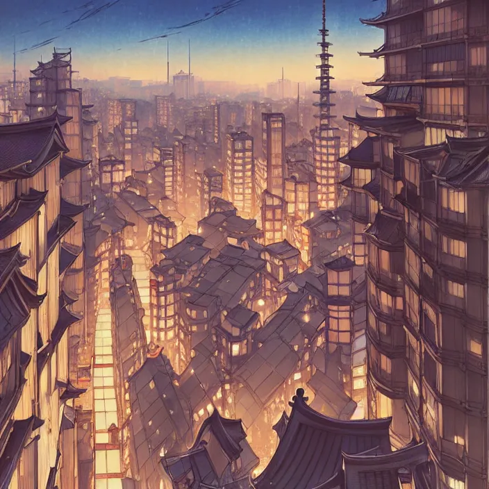 Image similar to japanese big city, winter, in the style of studio ghibli, j. c. leyendecker, greg rutkowski, artem