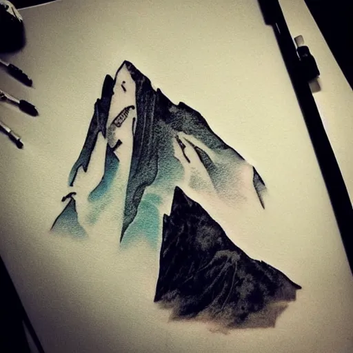 Image similar to megan fox as beautiful mountains, double exposure effect, medium sized tattoo sketch, amazing detail, trending on pinterest, in the style of alexey poprotskiy