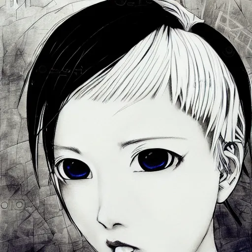 Image similar to Yoshitaka Amano realistic illustration of an anime girl with short white hair and black eyes wearing tuxedo, abstract black and white background, film grain effect, highly detailed, Renaissance oil painting