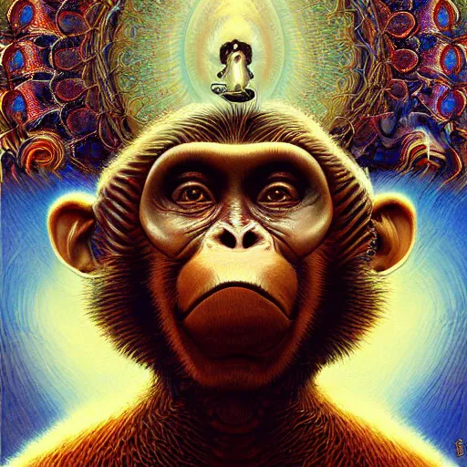 Prompt: ( monkey smoking a cigarette ) ( ( ( hyper detailed masterpiece, psychedelic fractal pattern, jean giraud, digital art painting, dream wave aesthetic, ethereal, artgerm, donato giancola, tom bagshaw ) ) )