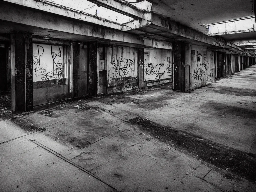 Prompt: “35mm film photography of empty train station, concrete, abandoned, old posters, derelict, damp, dark, cold, bright graffiti, dim strip lighting, empty platform, cinestill 800t, grain”