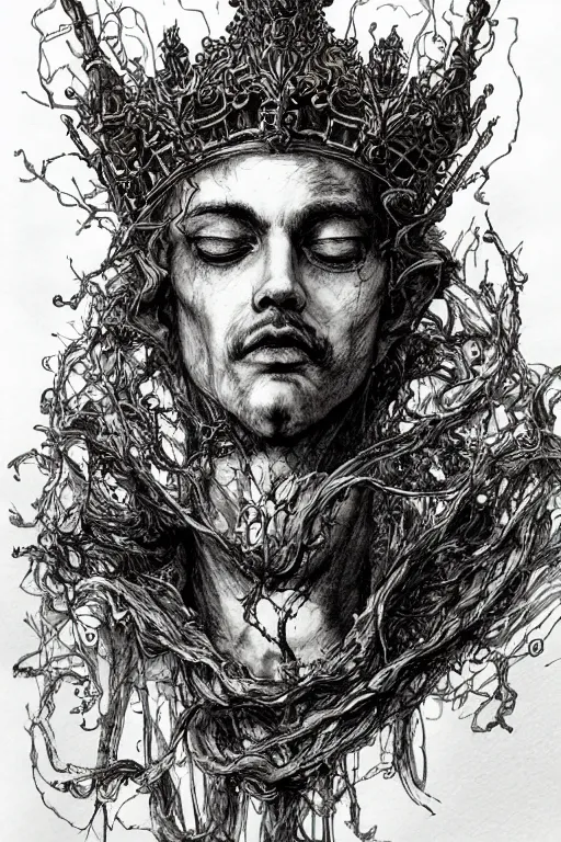 Prompt: portrait The King of Fools, With a Jesters crown, Wings lift him up, Roots hold him down, pen and ink, intricate line drawings, by Yoshitaka Amano, Ruan Jia, Kentaro Miura, Artgerm, watercolor