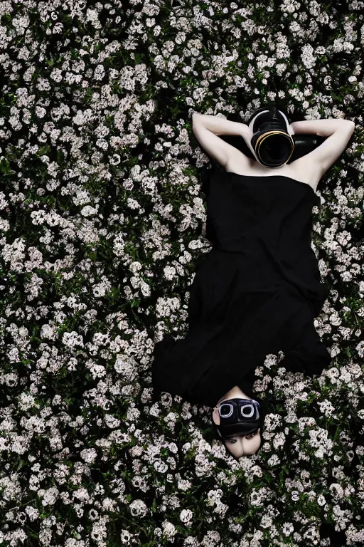 Image similar to a surreal portrait of a woman wearing gas mask diving into the ground of black flowers in the style of brooke didonato, editorial fashion photography from vogue magazine, full shot, nikon d 8 1 0, ƒ / 2. 5, focal length : 8 5. 0 mm, exposure time : 1 / 8 0 0, iso : 2 0 0