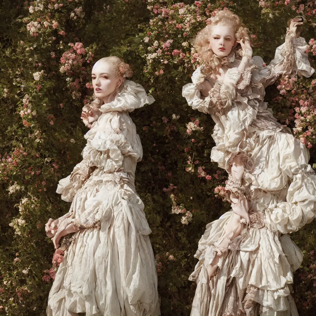 Image similar to fashion editorial by Jean-Honoré Fragonard. outdoor. highly detailed. 8k. depth of field. photography