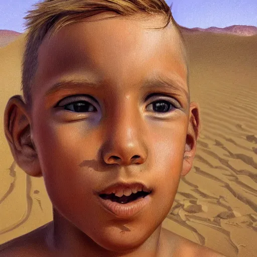 Image similar to a detailed portrait of a tan boy in the desert, art illustration, incredibly highly detailed and realistic, 8 k, sharp focus