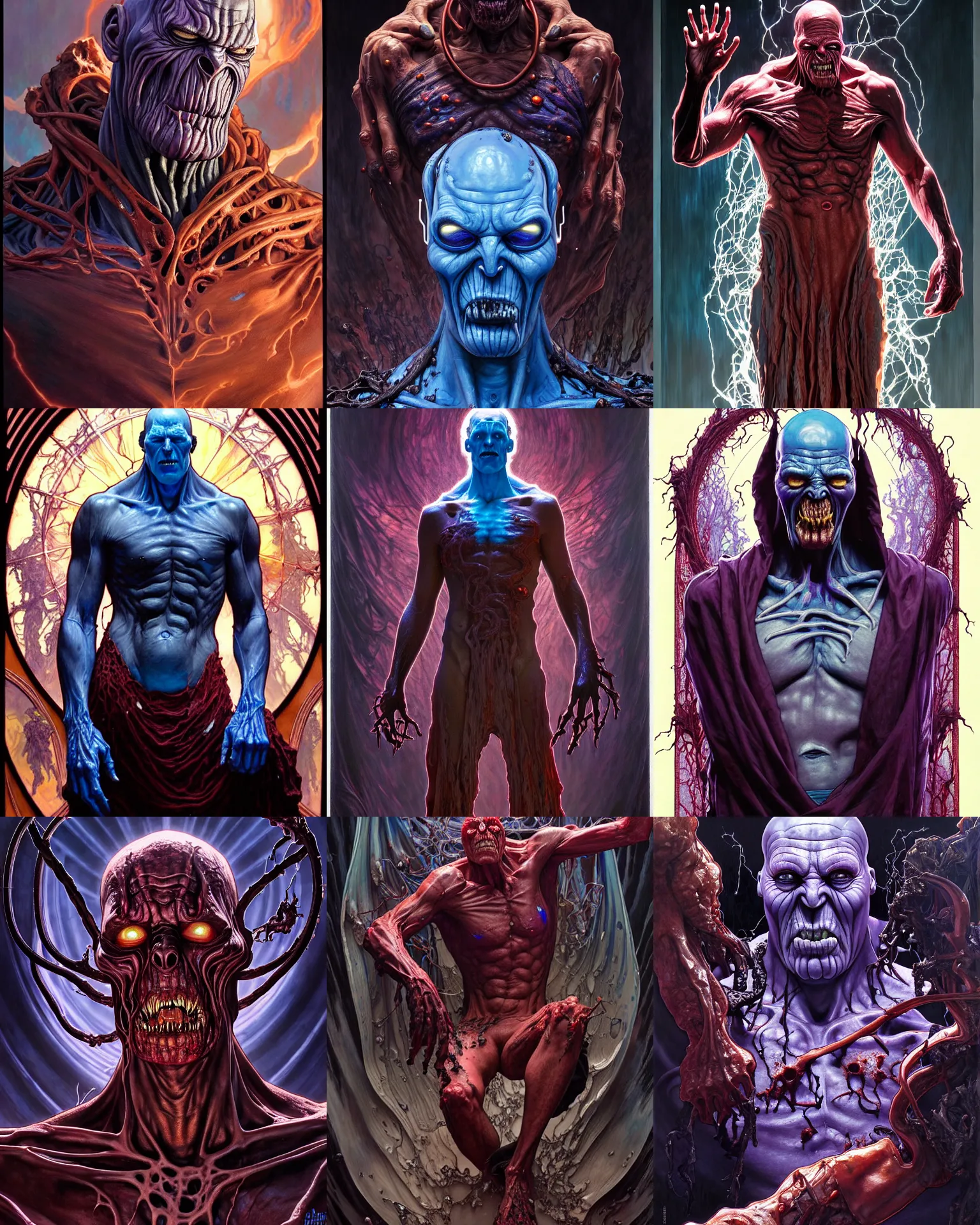 Prompt: the platonic ideal of melting paint of cletus kasady ultimate carnage thanos dementor doctor manhattan chtulu nazgul, detailed, intricate, hyperrealism, intense, scary, decay, dmt, art by brock hofer and artgerm and greg rutkowski and alphonse mucha