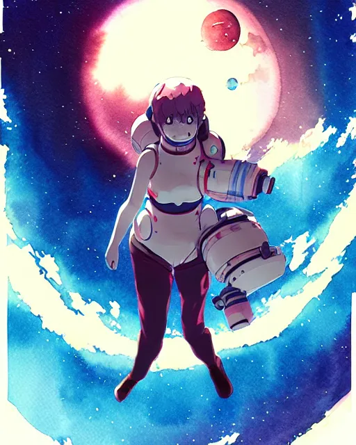 Image similar to oriental water color of a cute thicc damaged zombie astronaut woman, floating through space, backlit, by makoto shinkai and krenz cushart