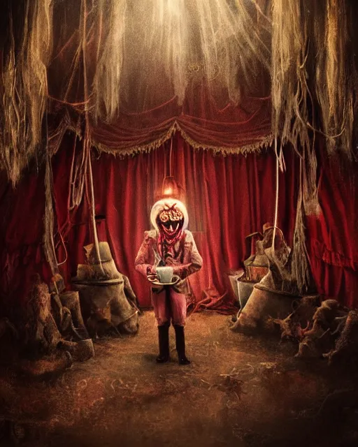 Image similar to the little circus of horrors, circus tent, clown standing at the entrance, creepy, hyper realistic, ambient lighting, horror art, intricate, hyper detailed, smooth