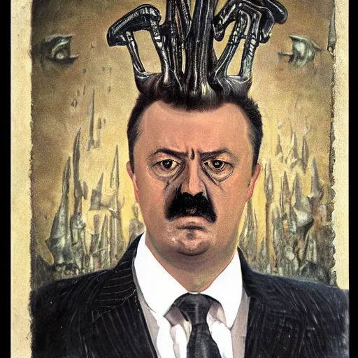 Image similar to Portrait by H.R.Giger of Igor Ivanovich Strelkov degraded abomination, photo-realistic, 2K, highly detailed