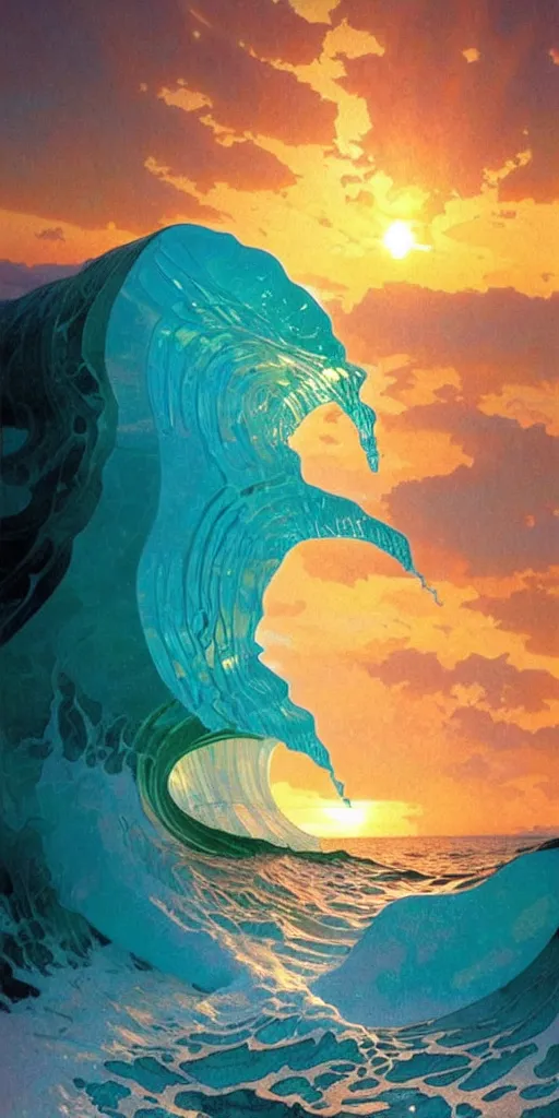 Image similar to ocean wave around ancient translucent iceberg, lsd water, dmt ripples, backlit, sunset, refracted lighting, art by collier, albert aublet, krenz cushart, artem demura, alphonse mucha