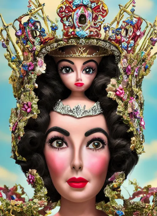 Prompt: closeup face profile portrait of tin toy elizabeth taylor as a fairytale princess wearing a crown eating cakes, bikini, depth of field, zeiss lens, detailed, symmetrical, centered, fashion photoshoot, by nicoletta ceccoli, mark ryden, lostfish, breathtaking, 8 k resolution, extremely detailed, beautiful, establishing shot, artistic, hyperrealistic, octane render