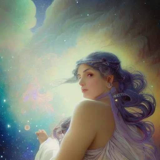 Prompt: galaxy goddess retro fantasy art digital painting, artstation, concept art, soft light, hdri, smooth, sharp focus, illustration, fantasy, intricate, elegant, highly detailed, D&D, matte painting, in the style of Greg Rutkowski and Alphonse Mucha and artemisia, 8k, highly detailed, jurgens, rutkowski, bouguereau, pastoral, rustic, georgic