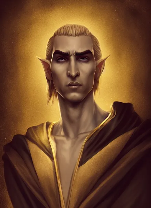 Prompt: beautiful male high elf, black and gold robes, charlie bowater, high resolution, cgi society, natalie shau, elegant, symmetrical face, sinister stare, realistic, no horns, long silver hair, trending on artstation