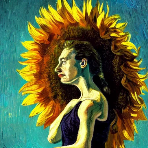 Image similar to closeup, giant sunflower head, woman standing in a room, surreal, dramatic light, impressionist painting, digital painting, artstation, van gogh