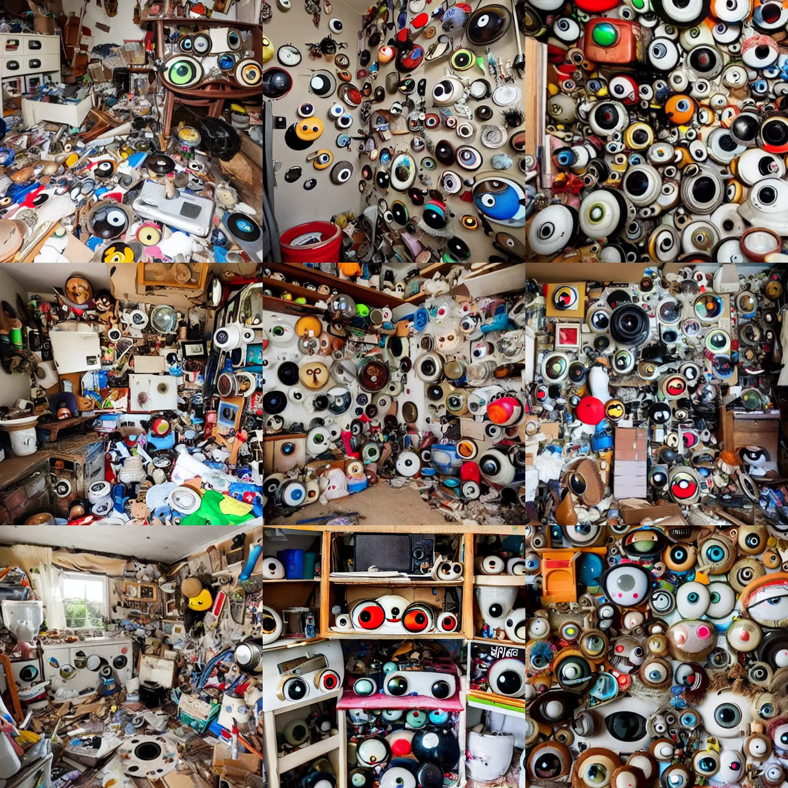 Prompt: the inside of a hoarders house where every item has googly eyes, photography, funny and silly