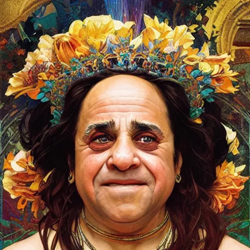 Image similar to Danny Devito as a goddess , A stunning masterpiece, Highly Detailed, Photorealism, by Greg rutkowski, Sachin Teng, Thomas Kindkade, Alphonse Mucha, Norman Rockwell, Tom Bagshaw