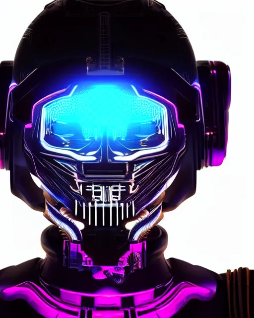 Image similar to centered medium shot fine studio photograph of a young woman wearing only a synthwave mecha Mayan helmet with bright lights, designed by Efrain Recinos, ultra-realistic, white background, 8k HDR, intricate