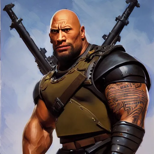 Image similar to greg manchess portrait painting of armored the foundation aka dwayne the rock johnson from fortnite as overwatch character, medium shot, asymmetrical, profile picture, organic painting, sunny day, matte painting, bold shapes, hard edges, street art, trending on artstation, by huang guangjian, gil elvgren, ruan jia, greg rutkowski, gaston bussiere