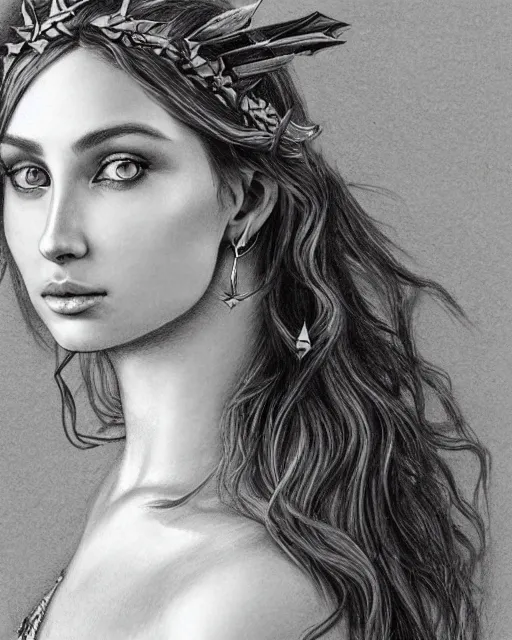 Image similar to pencil drawing of a beautiful greek goddess aphrodite wearing a laurel wreath and arrowhead earrings, beautiful confident and piercing eyes, beautiful flowing hair, hyper realistic face, in the style of greg rutkowski, fantasy, amazing detail, epic, elegant, smooth, sharp focus, from the front