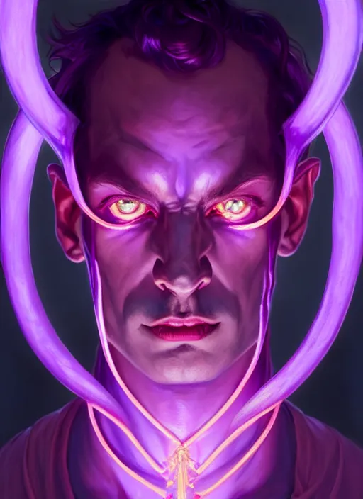 Image similar to symmetry!! portrait of a male purple skinned tiefling with demon horns, glowing lights!! intricate, elegant, highly detailed, digital painting, artstation, concept art, smooth, sharp focus, illustration, art by artgerm and greg rutkowski and alphonse mucha