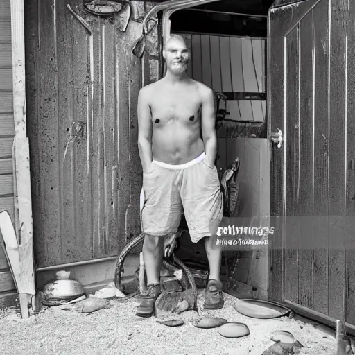 Image similar to mollusk man, posing in his garage, detailed photo