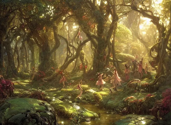 Image similar to an image of a beautiful mythical fantasy forest filled with dancing elves and fairies, by Stanley Artgerm Lau , greg rutkowski, thomas kindkade, alphonse mucha, loish, norman Rockwell