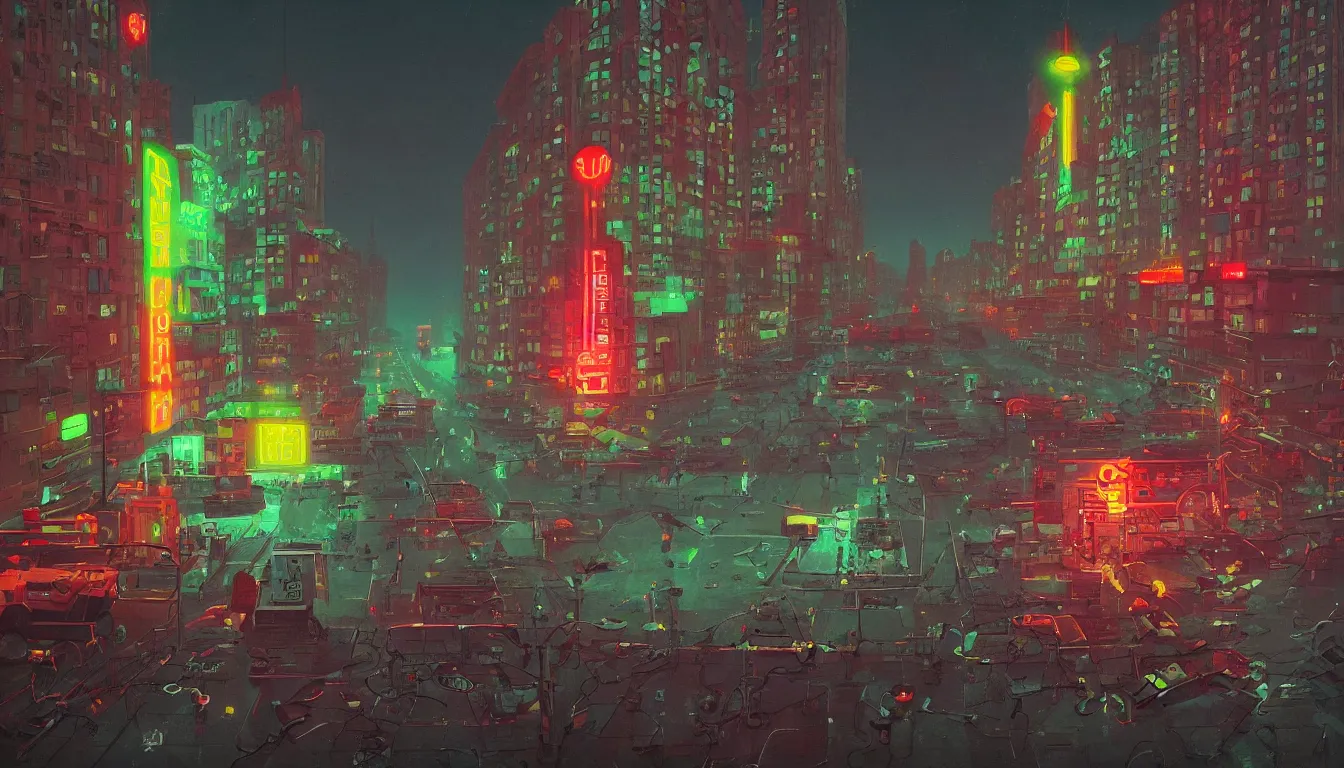 Prompt: robots on the streets, bricked soviet buildings, neon lights, cinematic lights, by simon stalenhag