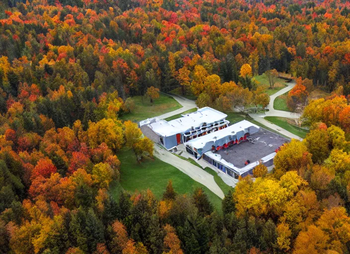 Prompt: low drone shot of a ranch style School campus in the middle of the Woods during autumn