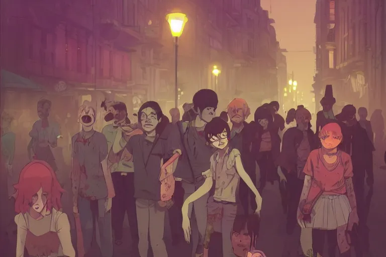 Image similar to a group of zombies hanging out in the streets of Buenos aires at night, muted colors, matte print, pastel colors, ornate, digital art, cute smile, digital painting, fan art, elegant, pixiv, by Ilya Kuvshinov, by Studio Ghibli