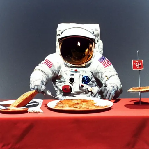 Prompt: a photo of an astronaut on the moon without his helmet, eating garlic bread, with knife and fork. | red tablecloth | earth in background | grey moon craters | 1 9 6 9 apollo 1 1 landing | 1 2 0 mm wide shot | clear details